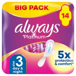 Asda Always Platinum Day & Night (Size 3) Sanitary Towels With Wings 14 Pads offer