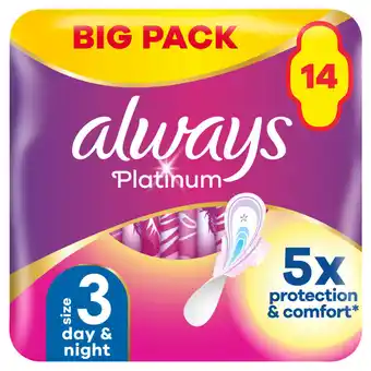 Asda Always Platinum Day & Night (Size 3) Sanitary Towels With Wings 14 Pads offer