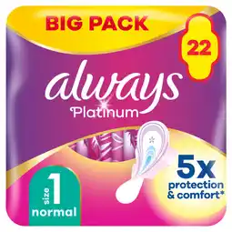 Asda Always Platinum Normal (Size 1) Sanitary Towels With Wings 22 Pads offer