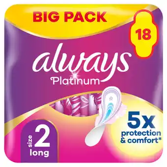 Asda Always Platinum Long (Size 2) Sanitary Towels With Wings 18 Pads offer