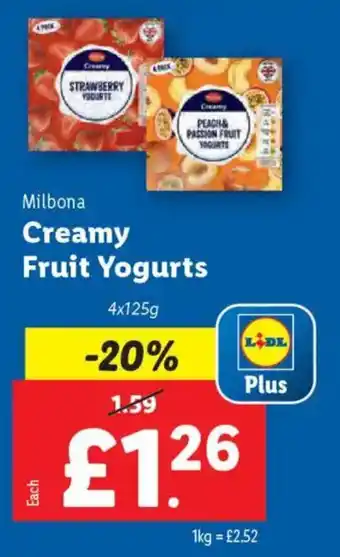 Lidl Milbona Creamy Fruit Yogurts offer