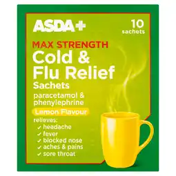 Asda ASDA Max Strength Cold & Flu Relief Sachets Lemon Flavour 10 Sachets offer