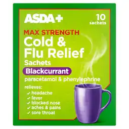 Asda ASDA Max Strength Cold & Flu Relief Sachets Blackcurrant 10 Sachets offer