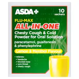 Asda ASDA Flu-Max Chesty Cough & Cold Powder for Oral Solution Lemon & Menthol Flavour 10 Sachets offer