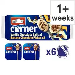 Tesco Muller Corner Vanilla & Banana Yogurts with Chocolate Balls & Flakes 6 x 124g offer