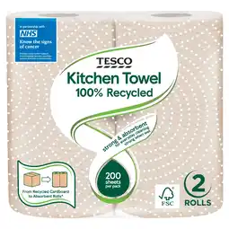 Tesco Tesco 100% Recycled Kitchen Towel 2 Roll offer