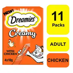 Tesco 44 x 10g Dreamies Creamy Adult Cat & Kitten Treats with Tasty Chicken (11x40g) offer