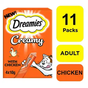 Tesco 44 x 10g Dreamies Creamy Adult Cat & Kitten Treats with Tasty Chicken (11x40g) offer