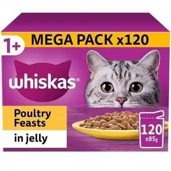 Tesco 120 x 85g Whiskas 1+ Poultry Feasts Mixed Adult Wet Cat Food Pouches in Jelly offer