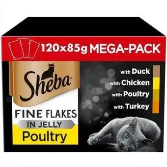 Tesco 120 x 85g Sheba Fine Flakes Adult Wet Cat Food Pouches Mixed Poultry in Jelly offer