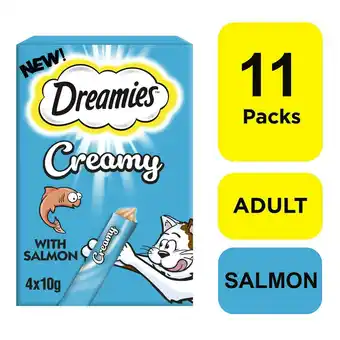 Tesco 44 x 10g Dreamies Creamy Adult Cat & Kitten Treats Scrumptious Salmon (11x40g) offer