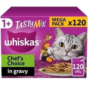 Tesco 120 x 85g Whiskas 1+ Chef's Choice Mix Mixed Adult Wet Cat Food Pouches in Gravy offer