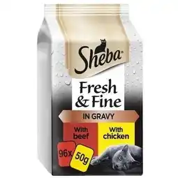 Tesco 96 x 50g Sheba Fresh & Fine Adult Wet Cat Food Pouches Beef & Chicken in Gravy offer