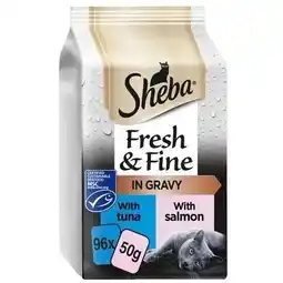 Tesco 96 x 50g Sheba Fresh & Fine Adult Wet Cat Food Pouches Salmon & Tuna in Gravy offer