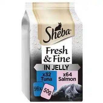 Tesco 96 x 50g Sheba Fresh & Fine Adult Wet Cat Food Pouches Salmon & Tuna in Jelly offer