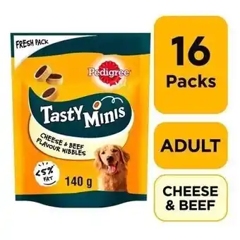 Tesco 16 x 140g Pedigree Tasty Bites Minis Dog Treats Cheesy Nibbles Cheese & Beef offer