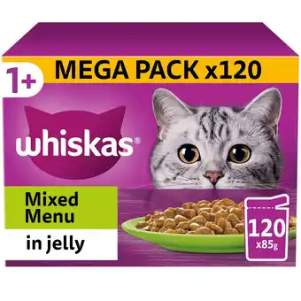 Tesco 120 x 85g Whiskas 1+ Mixed Menu Mixed Adult Wet Cat Food Pouches in Jelly offer