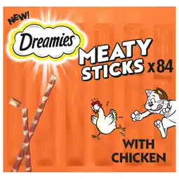 Tesco 84 Dreamies Meaty Sticks Adult Cat Treats Chicken Cat Sticks (14x30g) offer