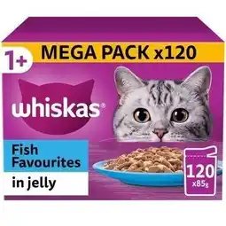 Tesco 120 x 85g Whiskas 1+ Fish Favourites Mixed Adult Wet Cat Food Pouches in Jelly offer