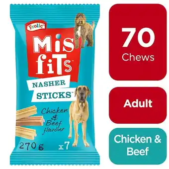 Tesco 70 Misfits Frolic Nasher Sticks Large Dog Treats Chicken & Beef Dental Dog Chew offer