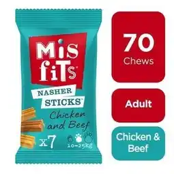 Tesco 70 Misfits Frolic Nasher Sticks Medium Dog Treats Chicken & Beef Dental Dog Chew offer