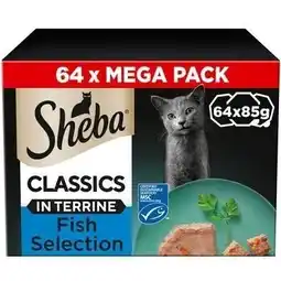 Tesco 64 x 85g Sheba Classics Adult Wet Cat Food Trays Ocean Selection in Terrine offer