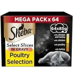 Tesco 64 x 85g Sheba Select Slices Adult Wet Cat Food Trays Poultry Selection in Gravy offer