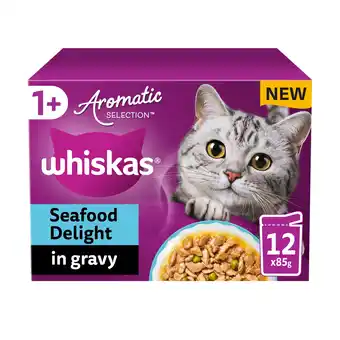 Tesco WHISKAS 1+ Cat Pouches Aromatic Seafood in Gravy 12x85g offer