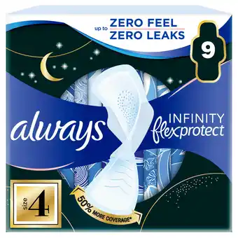 Tesco Always Infinity Flex Protect 9 Night Extra Sanitary Pads With Wings Size 4 offer