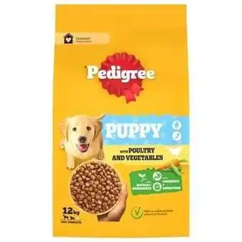 Tesco 12 kg Pedigree Complete Junior Puppy Dry Dog Food Poultry and Veg Dog Biscuits offer