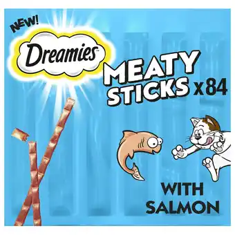 Tesco 84 Dreamies Meaty Sticks Adult Cat Treats Scrumptious Salmon Cat Sticks (14x30g) offer