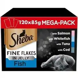 Tesco 120 x 85g Sheba Fine Flakes Adult Wet Cat Food Pouches Mixed Fish in Jelly offer