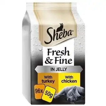 Tesco 96 x 50g Sheba Fresh & Fine Adult Wet Cat Food Pouches Chicken & Turkey in Jelly offer