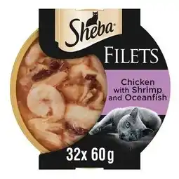 Tesco 32 x 60g Sheba Fillets Adult Wet Cat Food Trays Chicken Shrimp & Fish in Gravy offer