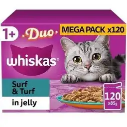 Tesco 120 x 85g Whiskas 1+ Duo Surf & Turf Mixed Adult Wet Cat Food Pouches in Jelly offer