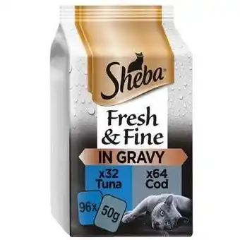 Tesco 96 x 50g Sheba Fresh & Fine Adult Wet Cat Food Pouches Tuna & Cod in Gravy offer