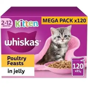 Tesco 120 x 85g Whiskas 2-12mths Cat Pouches Poultry Feasts in Jelly offer