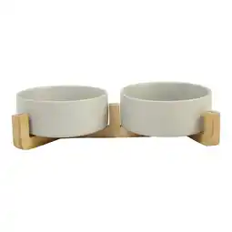 Tesco Living and Home Double Ceramic Cat Bowl with Bamboo Stand ,Grey offer