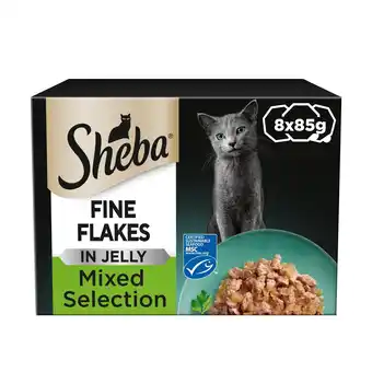 Tesco Sheba Fine Flakes Cat Food Trays Chicken & Salmon Jelly 8x85g offer