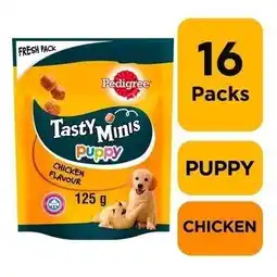 Tesco 16 x 125g Pedigree Tasty Bites Minis Puppy Junior Dog Treats Chewy Cubes Chicken offer