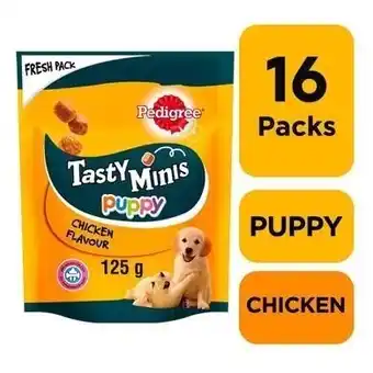 Tesco 16 x 125g Pedigree Tasty Bites Minis Puppy Junior Dog Treats Chewy Cubes Chicken offer