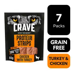 Tesco 7 x 55g Crave Protein Strips Grain Free Meaty Dog Treats Turkey & Chicken offer