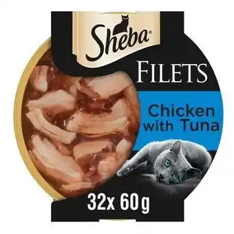 Tesco 32 x 60g Sheba Fillets Adult Wet Cat Food Trays Chicken and Tuna in Gravy offer