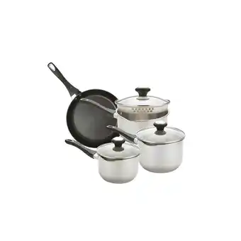 Tesco Prestige Cook & Strain: Stainless Steel Frying Pan & Saucepans with Straining Lids - 4 Piece offer