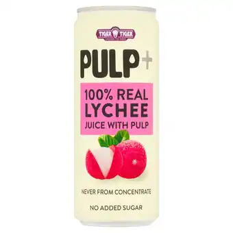 Tesco TIGER TIGER PULP+ 100% REAL LYCHEE JUICE WITH PULP 320ML offer