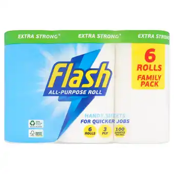 Tesco Flash All Purpose Handy Kitchen Towels 3 Ply 100 Sheets 6 Rolls offer