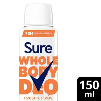 Tesco Sure Women Fresh Citrus Whole Body Deodorant Spray 72h Odour Control 150ml offer