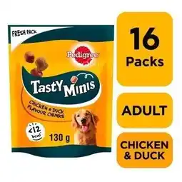 Tesco 16 x 130g Pedigree Tasty Minis Dog Treats Chewy Cubes Chicken & Duck Tasty Bites offer