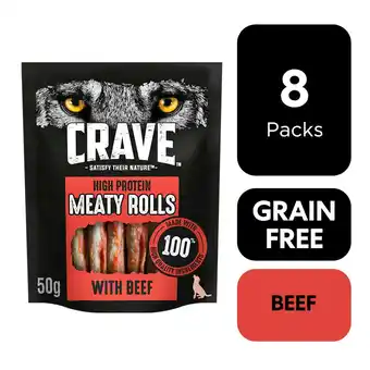 Tesco 8 x 50g Crave Natural Grain Free Meaty Rolls Adult Dog Treats Beef Dog Chews offer