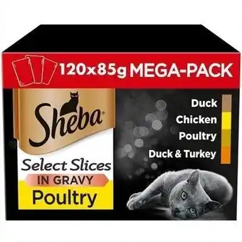 Tesco 120 x 85g Sheba Select Slices Adult Wet Cat Food Pouches Mixed Poultry in Gravy offer